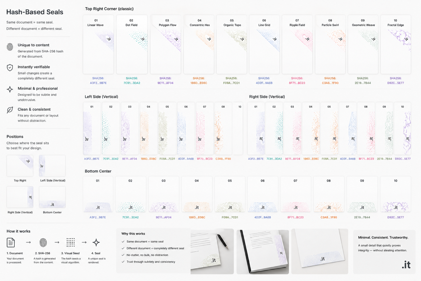 Ambient Seal placement system — the seal rendered as a corner mark in the top-right, left margin, right side and bottom corner of a printed document, with mock-ups on real paper