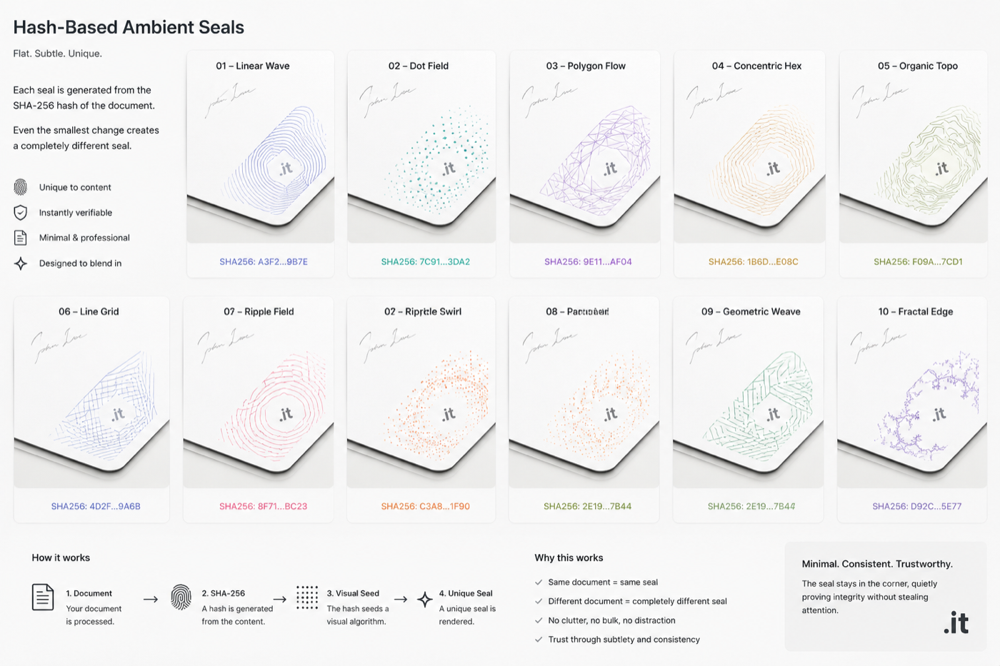 Ten Hash-Based Ambient Seal styles — line wave, dot field, polygon flow, concentric, organic, ripple, swirl, percolation, geometric weave, fractal edge — each generated deterministically from a document's SHA-256 hash and shown in a document corner